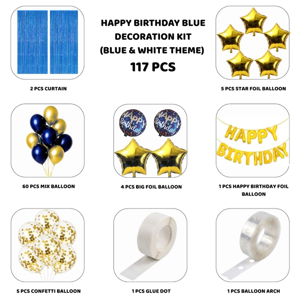 Little Decor 🎉 Happy Birthday Blue Decoration Kit – Premium 117 PCS (Blue & White Theme)