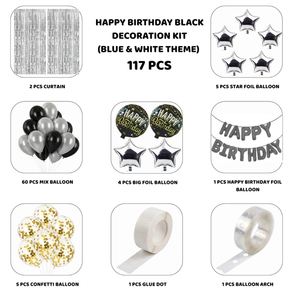Little Decor 🖤 Happy Birthday Black Decoration Kit – Premium 117 PCS (Black, Silver & White Theme)