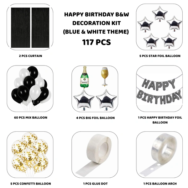 Little Decor Happy Birthday Black & White Decoration Kit – Premium 117 PCS Luxury Balloon Decoration Combo for Men, Women & Couples