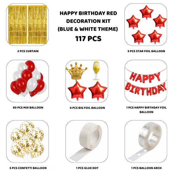 Little Decor Happy Birthday Red Decoration Kit – Premium 117 PCS Red, White & Gold Balloon Decoration Combo for Home Parties
