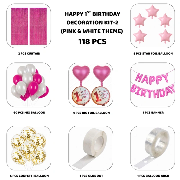 Little Decor Happy 1st Birthday Decoration Kit for Baby Girl – Premium 118 PCS Pink & White Balloon Decoration Combo