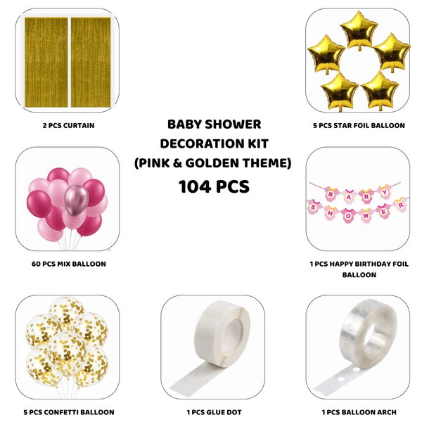 Little Decor Baby Girl Baby Shower & Birthday Decoration Kit – Pink & Golden Theme (104 PCS) | Premium Welcome Baby Girl Decoration Combo