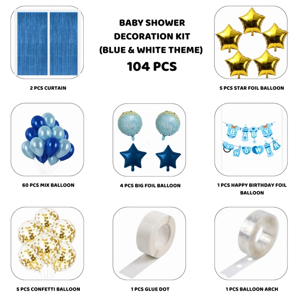 Little Decor Baby Boy Baby Shower & Birthday Decoration Kit – Blue & White Theme (104 PCS) | Premium Welcome Baby Boy Decoration Combo