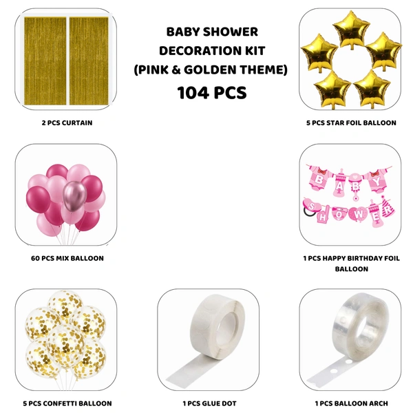 Little Decor Baby Girl Baby Shower & Birthday Decoration Kit – Pink & Golden Theme (104 PCS) | Premium Welcome Baby Girl Decoration Combo