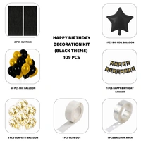 Little Decor Happy Birthday Decoration Kit – Black Theme (109 PCS) | Premium Black & Gold Birthday Decoration Combo with Balloons, Foil Star, Curtain & Party Accessories