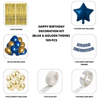 Little Decor Happy Birthday Decoration Kit – Blue & Golden Theme (109 PCS) | Premium Birthday Decoration Combo with Balloons, Foil Star, Curtain & Party Accessories