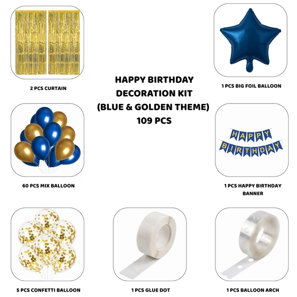 Little Decor Happy Birthday Decoration Kit – Blue & Golden Theme (109 PCS) | Premium Birthday Decoration Combo with Balloons, Foil Star, Curtain & Party Accessories