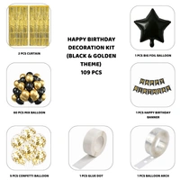 Little Decor Happy Birthday Decoration Kit – Black & Golden Theme (109 PCS) | Luxury Birthday Decoration Combo with Balloons, Foil Star, Curtain & Party Accessories