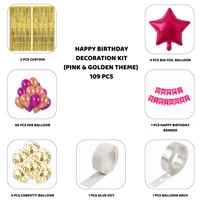 Little Decor Happy Birthday Decoration Kit – Pink & Golden Theme (109 PCS) | Premium Birthday Decoration Combo with Balloons, Foil Stars, Curtain & Party Accessories
