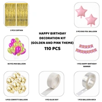 Little Decor Happy Birthday Decoration Kit – Golden & Pink Theme (110 PCS) | Premium Birthday Decoration Combo with Balloons, Foil Stars, Curtain & Party Accessories