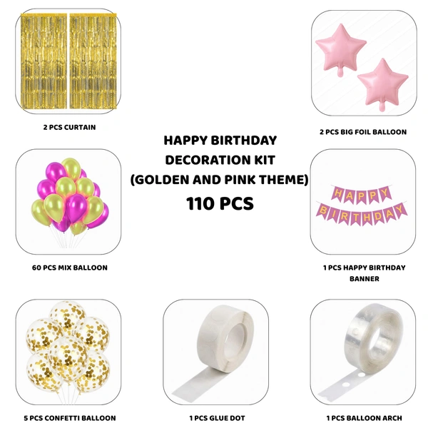 Little Decor Happy Birthday Decoration Kit – Golden & Pink Theme (110 PCS) | Premium Birthday Decoration Combo with Balloons, Foil Stars, Curtain & Party Accessories