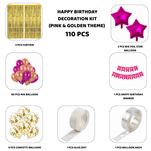 Little Decor Happy Birthday Decoration Kit – Pink & Gold Theme (110 PCS) | Premium Birthday Party Decoration Combo