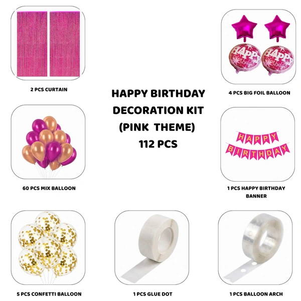 Little Decor Happy Birthday Decoration Kit – Pink Theme (112 PCS) | Premium Pink Birthday Party Decoration Combo