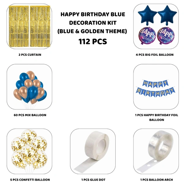 Little Decor Happy Birthday Blue Decoration Kit – Blue & Golden Theme (112 PCS) | Premium Birthday Party Decoration Combo