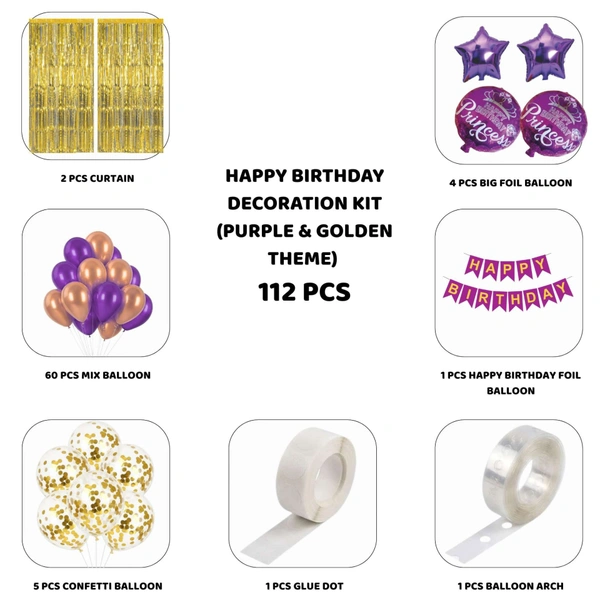 Little Decor Happy Birthday Decoration Kit – Purple & Gold Theme (112 PCS) | Premium Birthday Party Decoration Combo for Home