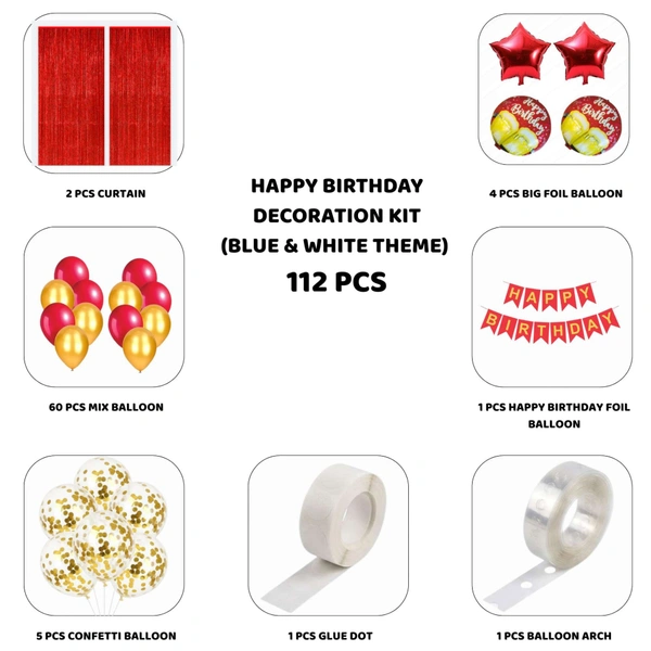 Little Decor Happy Birthday Decoration Kit – Red & Gold Theme (112 PCS) | Premium Party Decoration Combo for Home & Events
