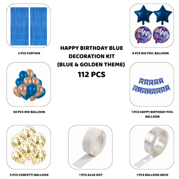 Little Decor Happy Birthday Blue Decoration Kit – Blue & Golden Theme (112 PCS) | Premium Birthday Party Decoration Combo