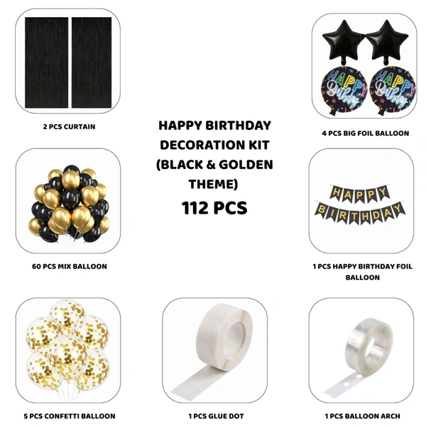 Little Decor Happy Birthday Decoration Kit – Black & Gold Theme (112 PCS) | Premium Birthday Party Decoration Combo for Home