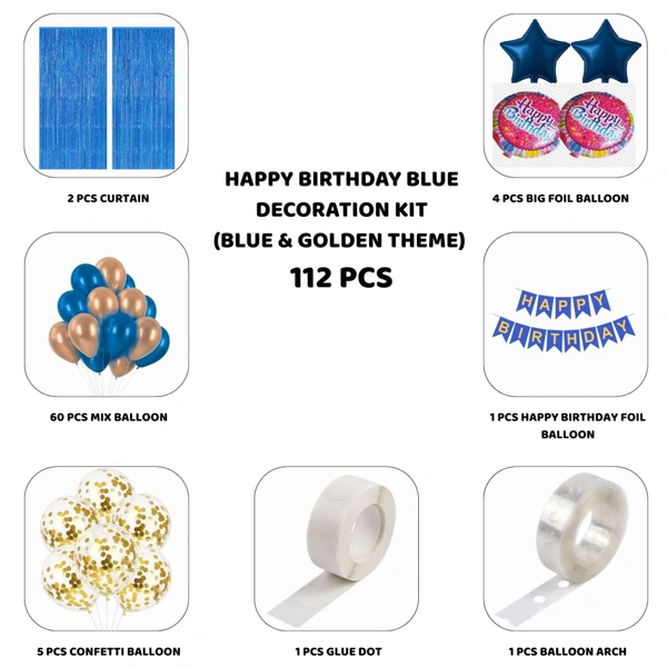 Little Decor Happy Birthday Blue Decoration Kit – Blue & Golden Theme (112 PCS) | Premium Birthday Party Decoration Combo
