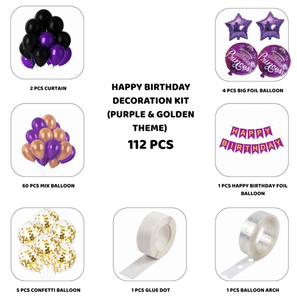 Little Decor Happy Birthday Decoration Kit – Purple & Gold Theme (112 PCS) | Premium Birthday Party Decoration Combo for Home