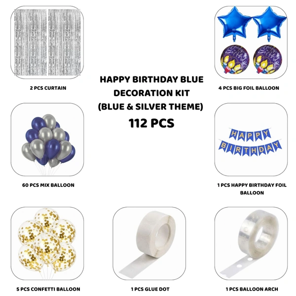 Little Decor Happy Birthday Decoration Kit – Blue & Silver Theme (112 PCS) | Premium Birthday Party Decoration Combo for Home