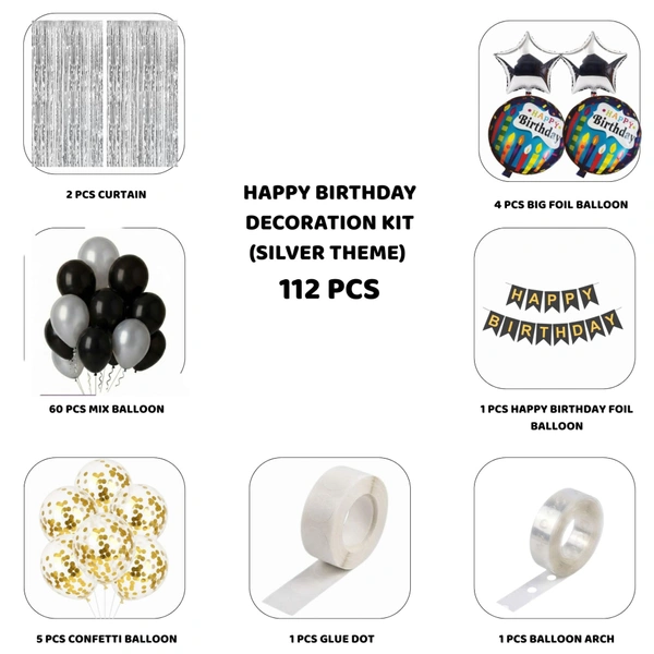 Little Decor Happy Birthday Decoration Kit – Silver Theme (112 PCS) | Premium Birthday Party Decoration Combo for Home