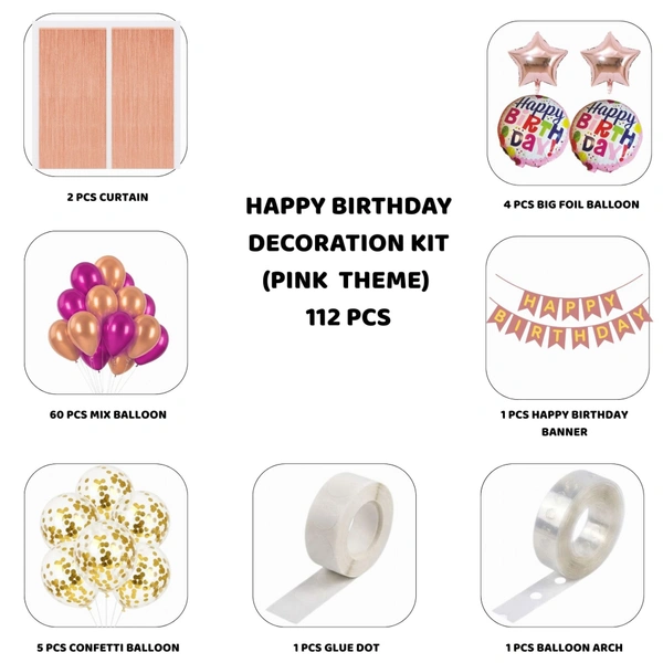 Little Decor Happy Birthday Decoration Kit – Pink Theme (112 PCS) | Premium Rose Gold & Pink Birthday Party Decoration Combo