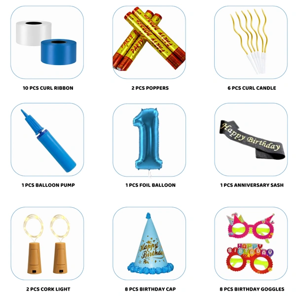 Little Decor 1st Birthday Boy Decoration Kit – Premium 118 PCS Blue & White Balloon Decoration Combo for Baby Boy