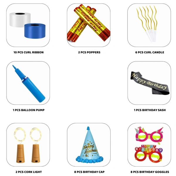 Little Decor Happy Birthday Blue Decoration Kit – Blue & Golden Theme (112 PCS) | Premium Birthday Party Decoration Combo