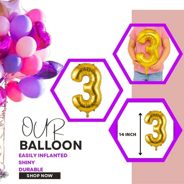 Little Decor Golden 3 Number Foil Balloon – 14 Inch - Gold