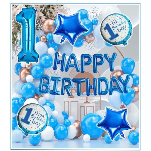 Little Decor 1st Birthday Boy Decoration Kit – Premium 118 PCS Blue & White Balloon Decoration Combo for Baby Boy