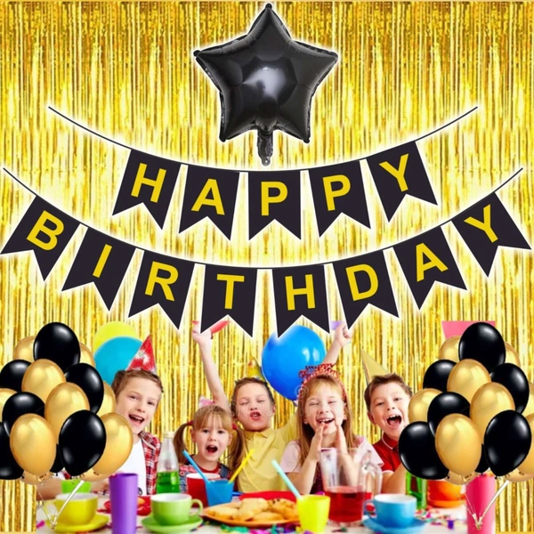 Little Decor Happy Birthday Decoration Kit – Black & Golden Theme (109 PCS) | Luxury Birthday Decoration Combo with Balloons, Foil Star, Curtain & Party Accessories
