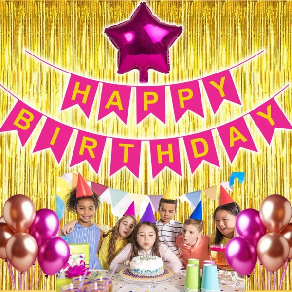 Little Decor Happy Birthday Decoration Kit – Pink & Golden Theme (109 PCS) | Premium Birthday Decoration Combo with Balloons, Foil Stars, Curtain & Party Accessories
