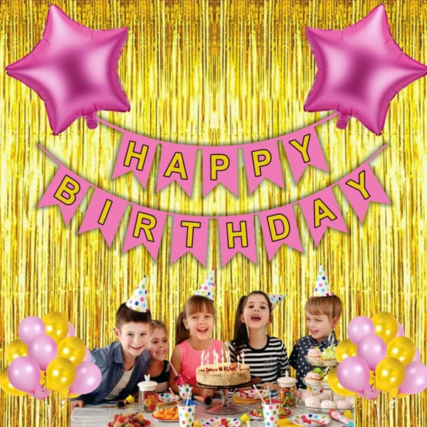 Little Decor Happy Birthday Decoration Kit – Golden & Pink Theme (110 PCS) | Premium Birthday Decoration Combo with Balloons, Foil Stars, Curtain & Party Accessories