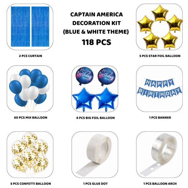 Captain America Birthday Decoration Kit – Blue & White Theme (118 PCS) | Premium Superhero Theme Birthday Decoration Combo