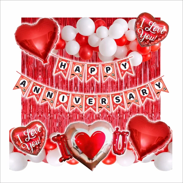 Little Decor Premium Happy Anniversary Decoration Kit – Red & White Theme with Heart Foil Balloons