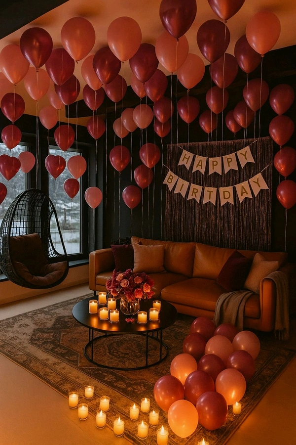 Little Decor Luxury Pink Balloon Birthday Decoration Set with Candles, Backdrop & Hanging Decor