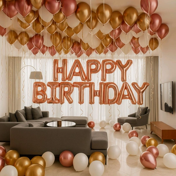 Little Decor Premium Rose Gold & Gold Happy Birthday Balloon Decoration Setup for Home