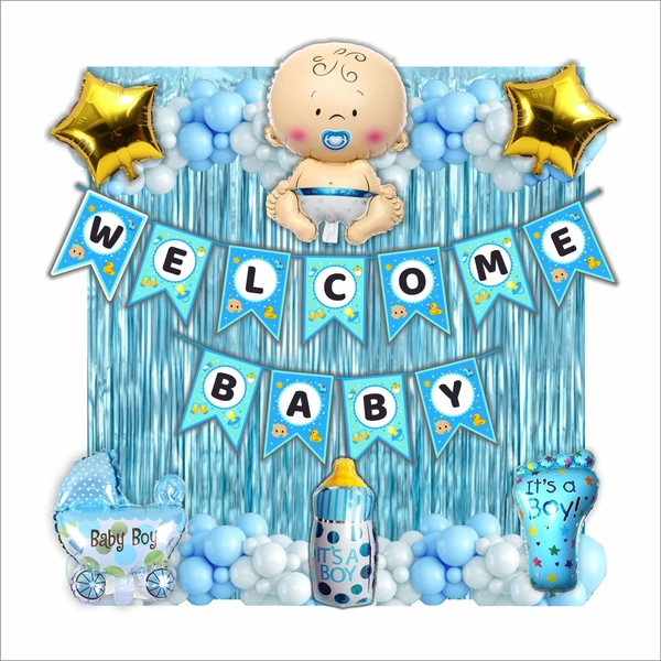 Little Decor Welcome Baby Boy Decoration Kit – Blue Theme with Banner, Baby Boy Foil Balloon - Cyan Aqua