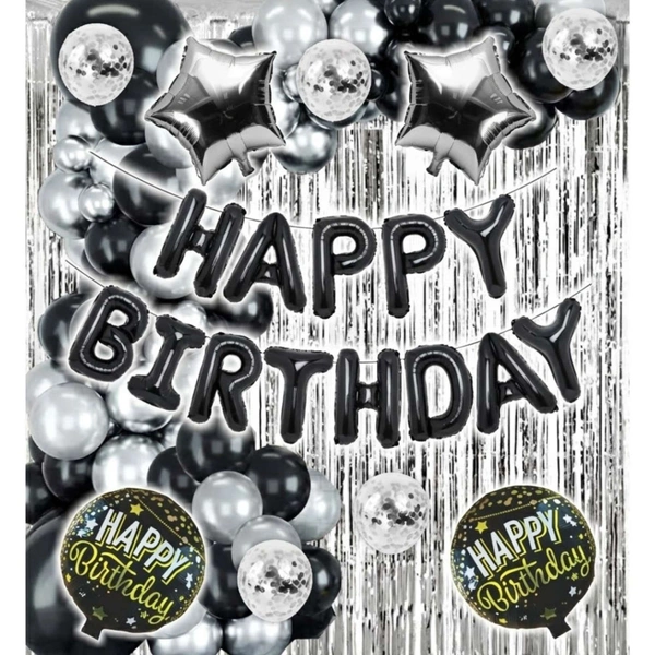 Little Decor 🖤 Happy Birthday Black Decoration Kit – Premium 117 PCS (Black, Silver & White Theme)
