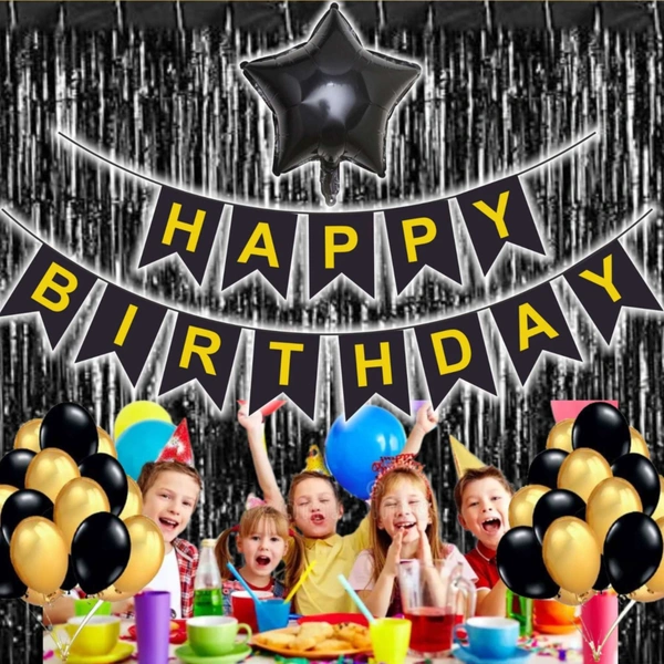 Little Decor Happy Birthday Decoration Kit – Black Theme (109 PCS) | Premium Black & Gold Birthday Decoration Combo with Balloons, Foil Star, Curtain & Party Accessories