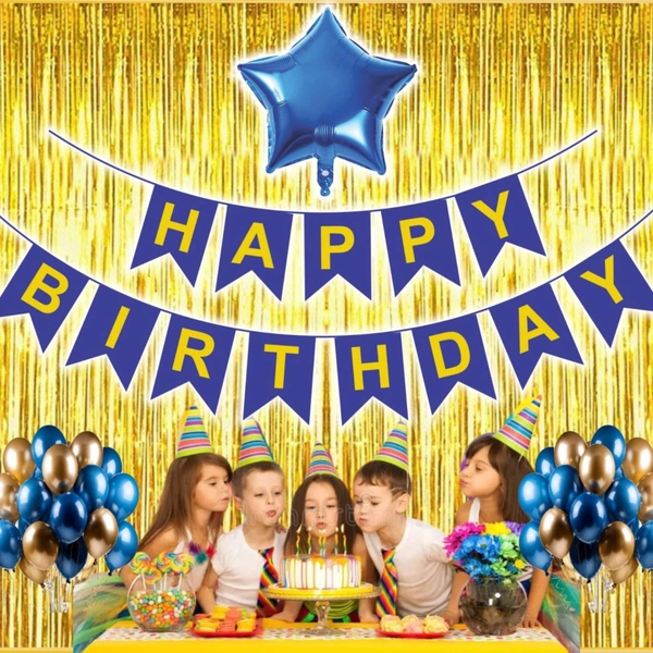 Little Decor Happy Birthday Decoration Kit – Blue & Golden Theme (109 PCS) | Premium Birthday Decoration Combo with Balloons, Foil Star, Curtain & Party Accessories