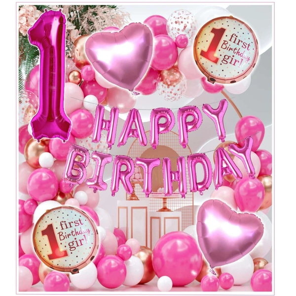 Little Decor Happy 1st Birthday Decoration Kit for Baby Girl – Premium 118 PCS Pink & White Balloon Decoration Combo