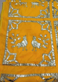 Pichhwai Velvet  And Peacock Print   - Yellow, 1mtr