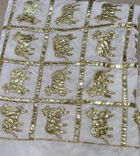 Pichhwai Velvet  And Peacock Print   - White, 1mtr