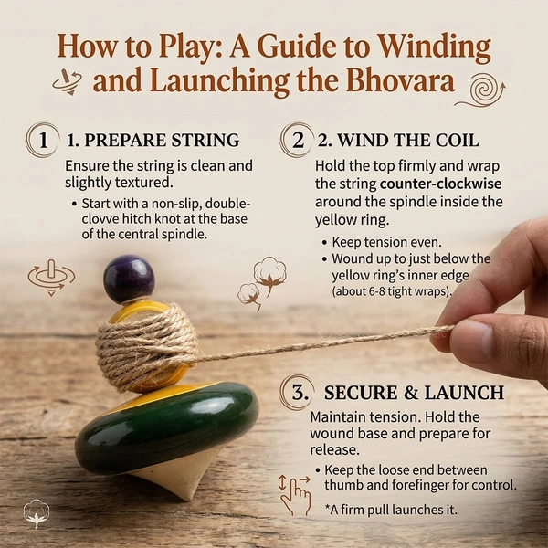 ClyPa Wooden Pull Cord Spinning Top – Bhovra Lattu Toy | Handmade Indian Classic Spinner