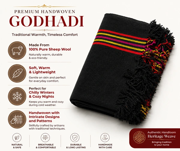ClyPa Authentic Handwoven Dhangari Ghongadi | Pure Sheep Wool Traditional Blanket | Black with Traditional Border | Double Size - Weight: 2.5–3.5 kg (depending on your product), Length: 210 cm Width: 150 cm, Black, White