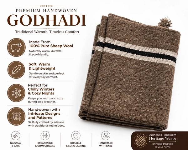 ClyPa Authentic Handwoven Brown Dhangari Ghongadi | Pure Sheep Wool Traditional Blanket | Double Size - GRAY
