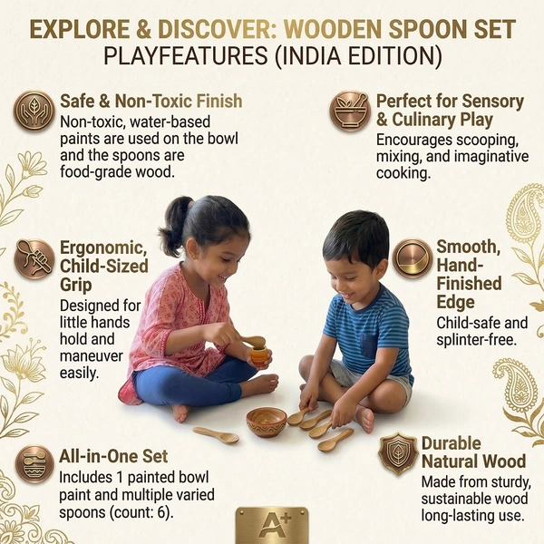 ClyPa Clypa Brown Wooden Child Safe Pretend Play Cooking Utensils Toy Spoon Set (Pack fo 4) - 9cm X 2cm X 1cm