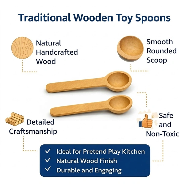 ClyPa Clypa Light Brown Traditional Wooden Natural Handcrafted Play Kitchen Toy Spoons Set (Pack fo 2) - 9cm X 2cm X 1cm